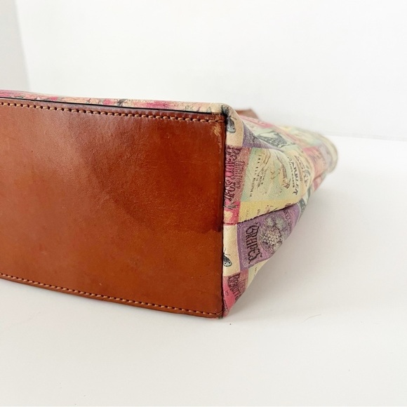 Vintage Fossil Small Leather Tote Soap Labels Print Double Strap Zip Pockets - Picture 7 of 14